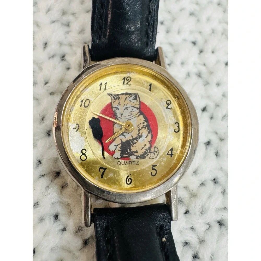 Vintage Cat & Mouse Novelty Quartz Watch Gold Tone Black Strap Working
